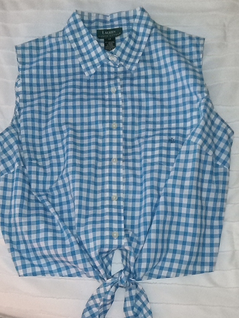 Lauren Ralph Lauren Blue & White Gingham Tie-Front Sleeveless Button-Down
